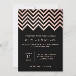 Invitación Glam Faux Rosa Gold Chevron y Boda negro
