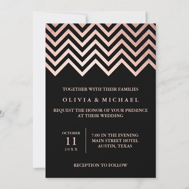Invitación Glam Faux Rosa Gold Chevron y Boda negro (Anverso)