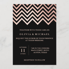 Invitación Glam Faux Rosa Gold Chevron y Boda negro