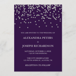 Invitación Glam Faux Silver Confetti y Deep Purple Boda