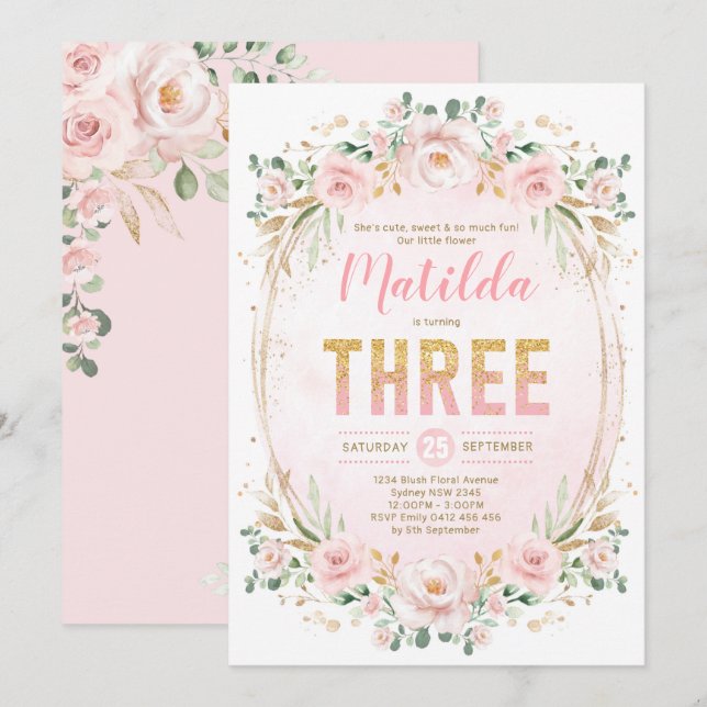 Invitación Glam Femenino Rubor Floral Oro Rosa Tercer Cumplea (Anverso / Reverso)