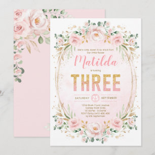 Invitación Glam Feminine Rubor Floral Rosa Gold Tercer cumple