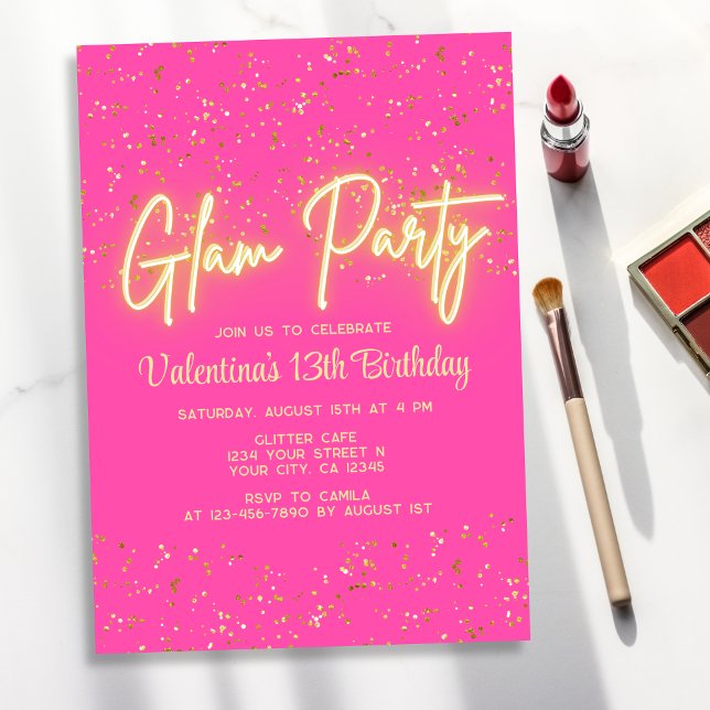 Invitación Glam Fiesta Chica de resplandor de neón de rosa ca (Subido por el creador)