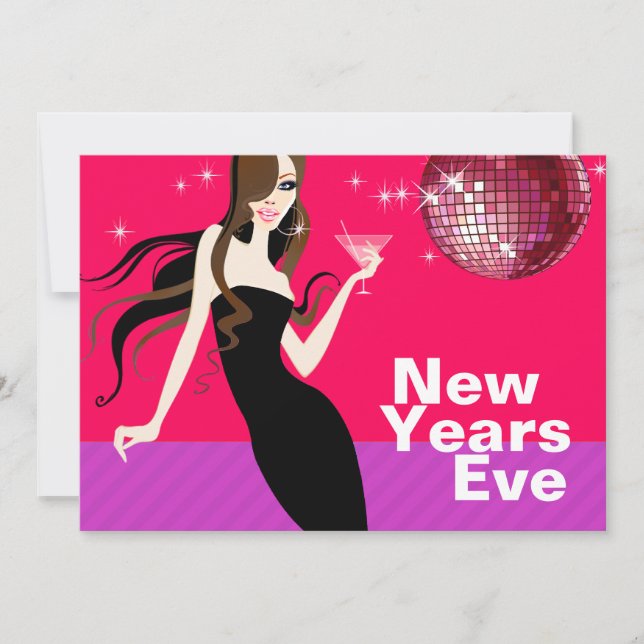 Invitación Glam Fiesta de Año Nuevo - pequeño vestido negro (Anverso)