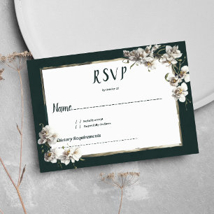 Invitación Glam flor de orquídea blanca dorada oscura RSVP