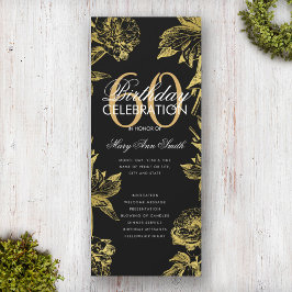 Invitación Glam Floral 60th Birthday Program Gold Black Menu