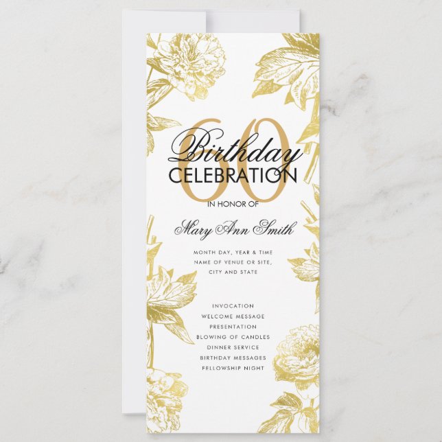 Invitación Glam Floral 60th Birthday Program Gold Menu (Anverso)