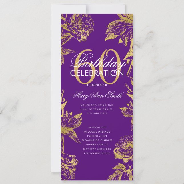 Invitación Glam Floral 60th Birthday Program Gold Purple Menu (Anverso)
