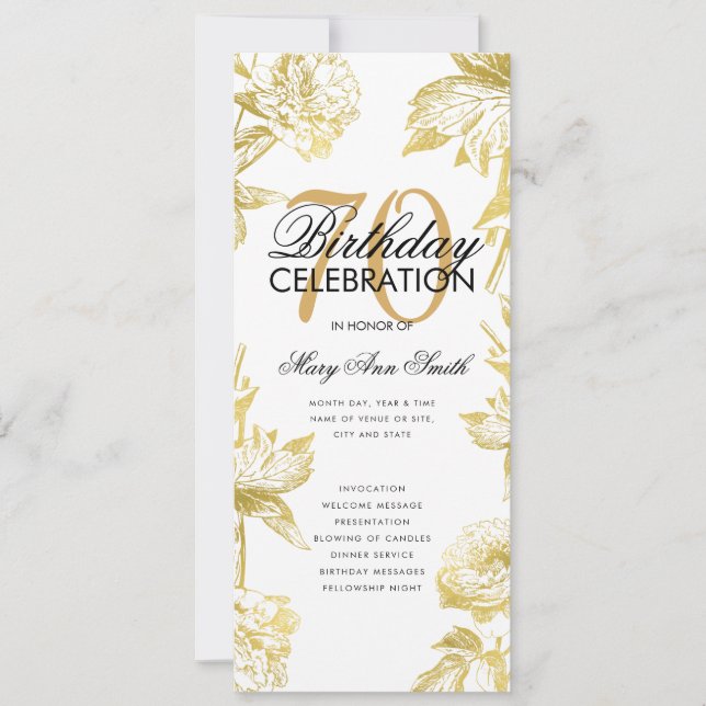 Invitación Glam Floral 70th Birthday Program Gold Menu (Anverso)