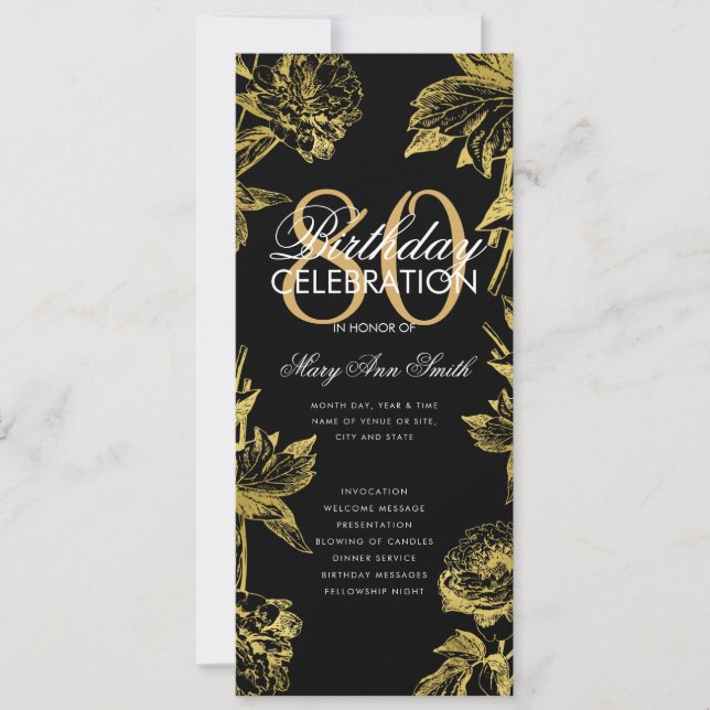 Invitación Glam Floral 80th Birthday Program Gold Black Menu (Anverso)