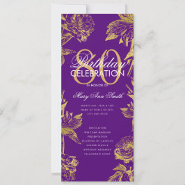 Invitación Glam Floral 80th Birthday Program Gold Purple Menu