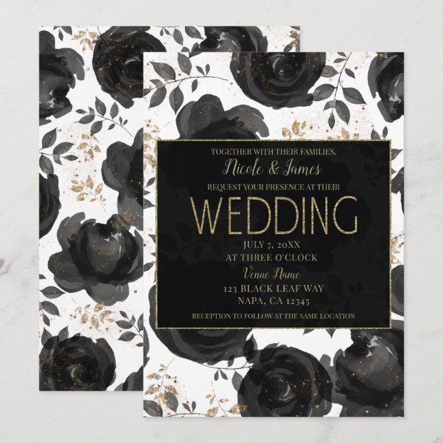 Invitación Glam Floral de oro negro deja Boda (Anverso / Reverso)