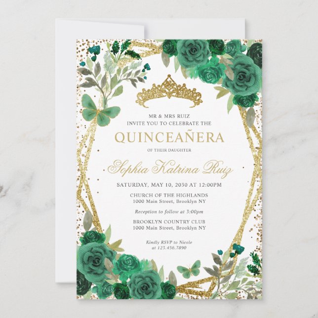 Invitación Glam Floral Emerald Green Gold Código QR Quinceañe (Anverso)