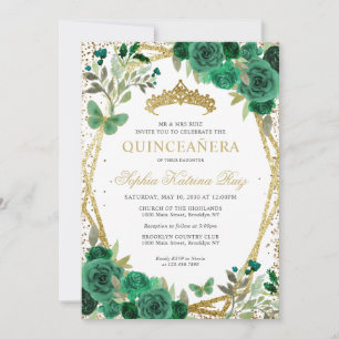 Invitación Glam Floral Emerald Green Gold Código QR Quinceañe