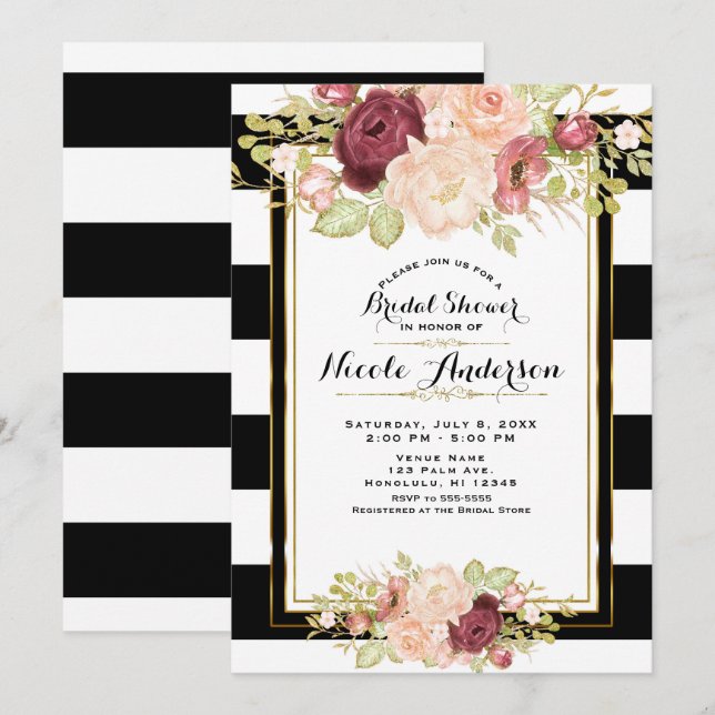 Invitación Glam Floral Moderno Black White Stripes Bridal (Anverso / Reverso)