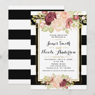 Invitación Glam Floral Moderno Bodas con Rayas Blancas y Negr