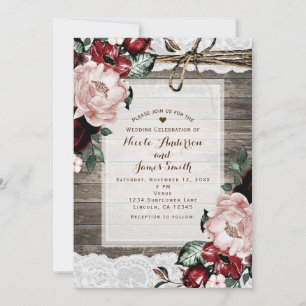 Invitación Glam Floral Rustic Wood & Lace Barn Boda