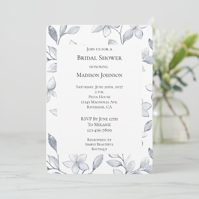 Invitación Glam Floral Silver Bridal Shower (Anverso de pie)