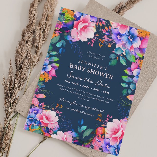 Invitación Glam Garden Floral Baby Shower Save Date Navy (Glam Garden Floral Baby Shower Save Date Navy Invitation)