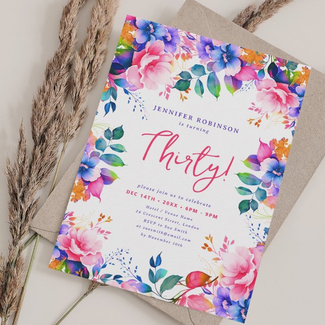 Invitación Glam Garden Watercolor Floral 30 cumpleaños (Glam Garden Watercolor Floral 30th Birthday Invitation)