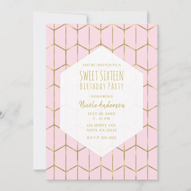 Invitación Glam Geométrico Boho Pink Hexagon Gold Sweet 16 In (Anverso)