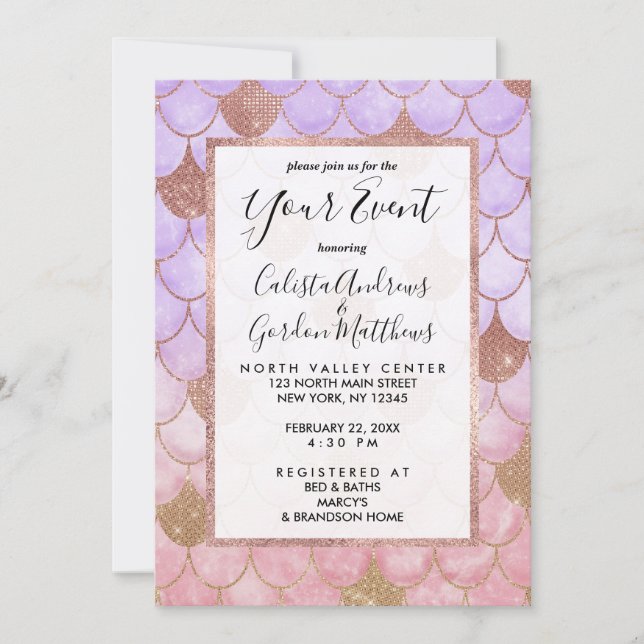 Invitación Glam Girly Rosa Oro Purpurina Escales de Sirena (Anverso)