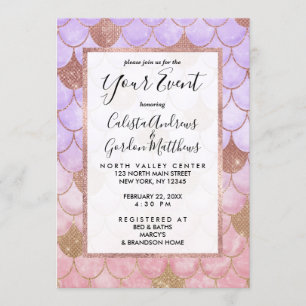 Invitación Glam Girly Rosa Oro Purpurina Escales de Sirena