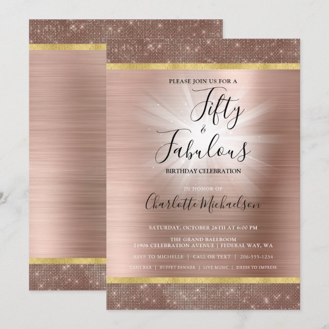Invitación Glam Glam, la estrella del oro Rosa, 50 años y fab (Anverso / Reverso)