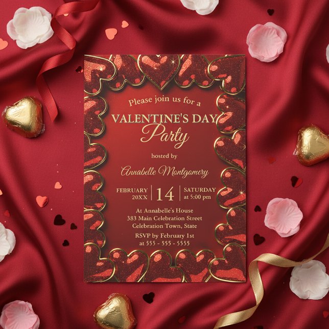 Invitación Glam Glitter Red Gold Hearts Valentine's Day Party (Subido por el creador)