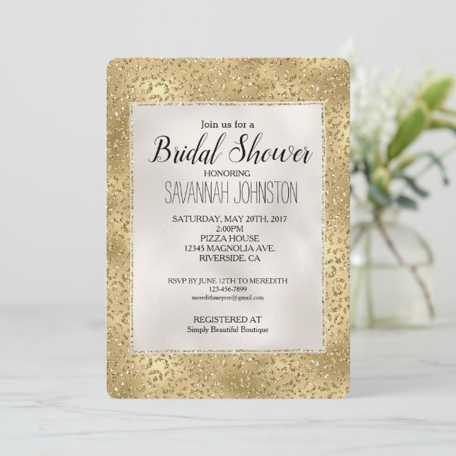 Invitación Glam Glitzy Purpurina Leopard Print Bridal (Anverso de pie)