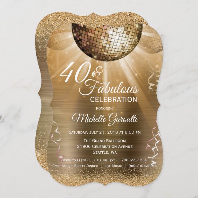 Invitación Glam Gold 40 y Fabulous Disco Ball Cumpleaños (Anverso / Reverso)