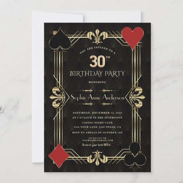 Invitación Glam Gold Art Deco Casino Las Vegas 30 cumpleaños (Anverso)