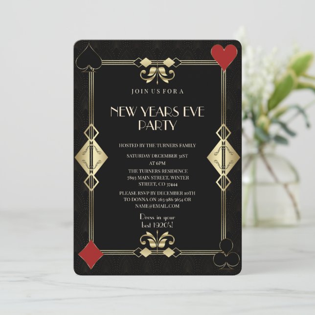 Invitación Glam Gold Art Deco Casino Noche Noche Año Nuevo Fi (Anverso de pie)