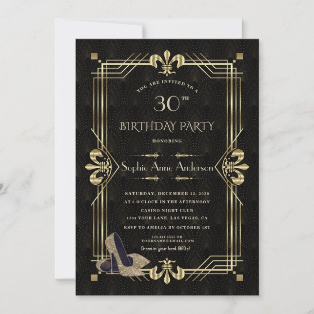 Invitación Glam Gold Art Deco Casino Poker Vegas Cumpleaños (Anverso)