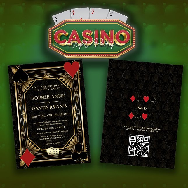 Invitación Glam Gold Art Deco Casino QR Code Poker Boda (casino Las Vegas wedding invitation, trendy elegant gold black wedding invite, Art Deco vegas invite)