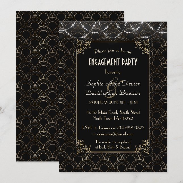 Invitación Glam Gold Art Deco Fleur-de-lis Engagement Party (Anverso / Reverso)