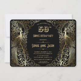 Invitación Glam Gold Art Deco Peacocks 50 cumpleaños