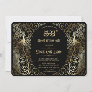 Invitación Glam Gold Art Deco Peacocks 50 cumpleaños