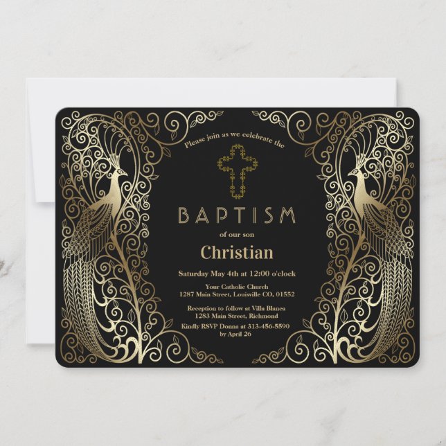 Invitación Glam Gold Art Deco Peacocks Bautismo (Anverso)