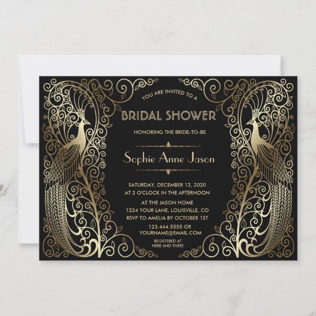 Invitación Glam Gold Art Deco Peacocks Bridal Shower (Anverso)