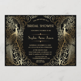 Invitación Glam Gold Art Deco Peacocks Bridal Shower