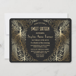 Invitación Glam Gold Art Deco Peacocks Dulce Dieciséis Fiesta