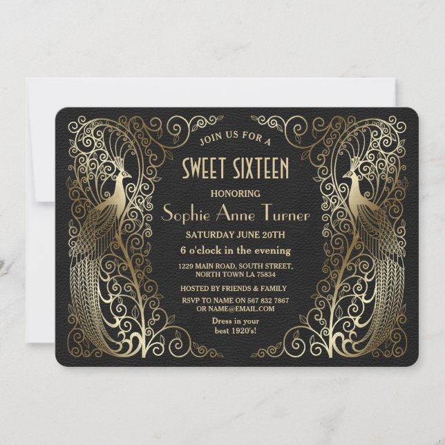 Invitación Glam Gold Art Deco Peacocks Dulce Dieciséis Fiesta (Anverso)