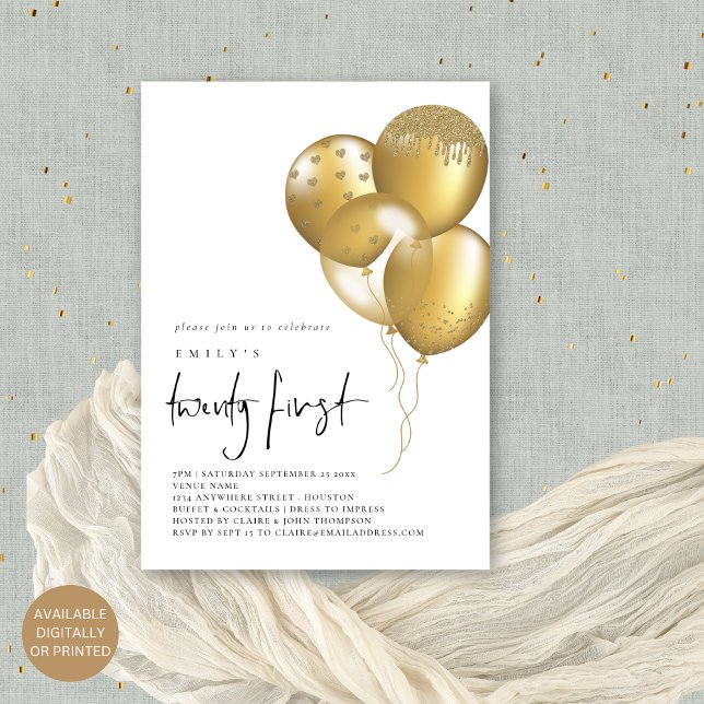 Invitación Glam Gold Balloons 21st Birthday Fiesta (Available digitally or printed)