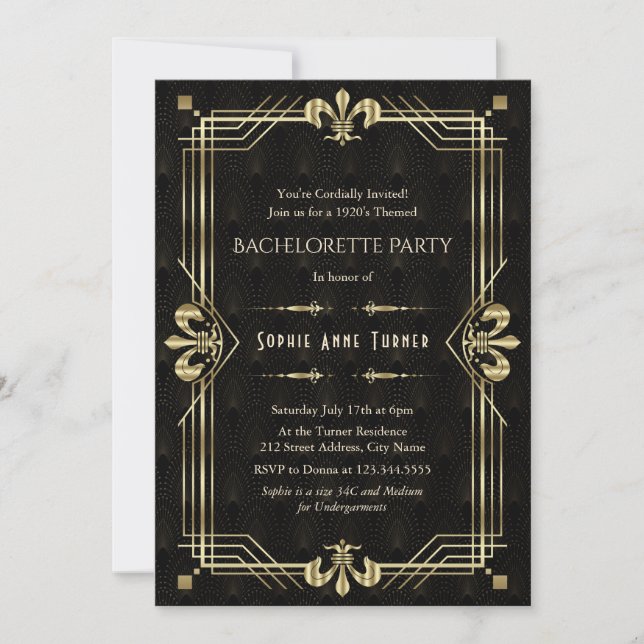 Invitación Glam Gold Black Art Deco Bachelorette Party (Anverso)