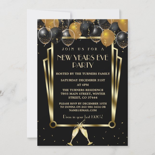 Invitación Glam Gold Black Balloons Fiesta de Año Nuevo Eve (Anverso)