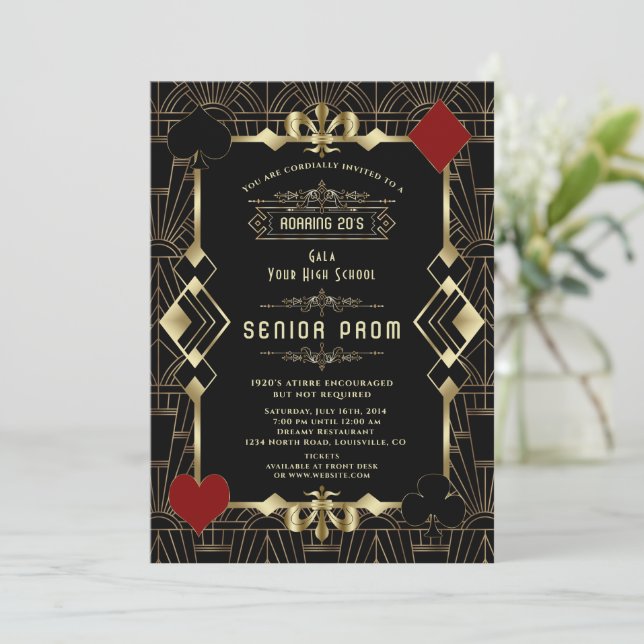 Invitación Glam Gold Black Casino Gatsby 20s Senior PROM (Anverso de pie)
