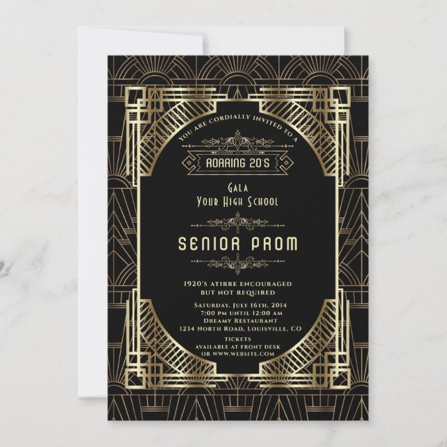 Invitación Glam Gold Black Deco Gatsby 20s Style Senior PROM (Anverso)