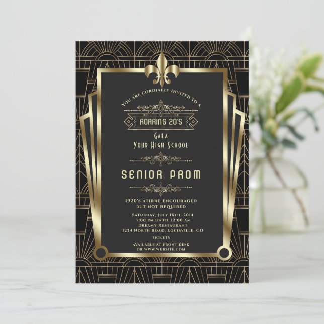 Invitación Glam Gold Black Gatsby Roaring 20s Senior PROM (Anverso de pie)
