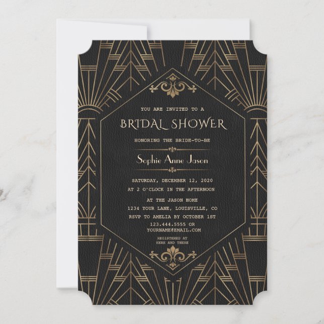Invitación Glam Gold Black Great Gatsby 20s Bridal Shower (Anverso)